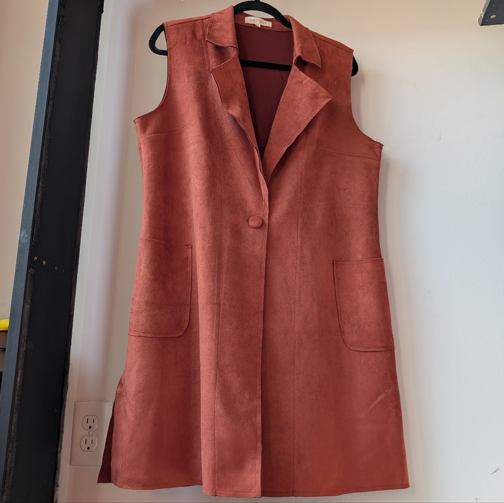 ANTHROPOLOGIE Solitaire Suede Vest Long Burnt Orange Size XL Pockets Faux Suede